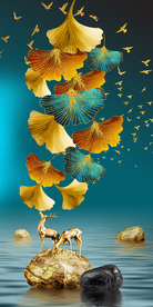 装饰画 鹿 银杏叶