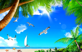 蓝天白云绿叶海鸥吊顶天顶壁画