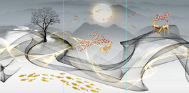 新中式抽象飘带山水麋鹿装饰画