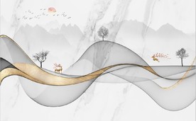 新中式抽象金色水墨山水背景墙