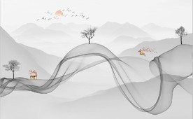 新中式抽象水墨麋鹿山水背景墙