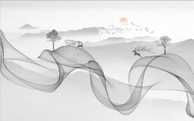 新中式抽象水墨麋鹿山水背景墙