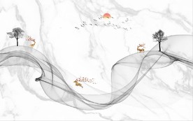 新中式抽象水墨麋鹿山水背景墙