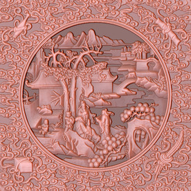 立体铜雕古代山水楼阁风景背景墙