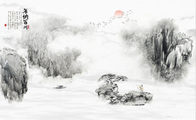 新中式水墨古代山水国画背景墙