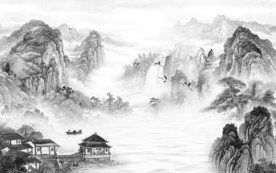 别墅山水画背景 文件分层画