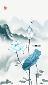 新中式山水蓝色荷花玄关装饰画