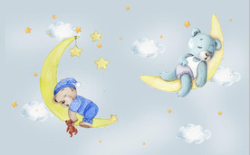 水彩卡通小熊月亮儿童房背景墙