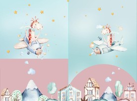 水彩长颈鹿飞儿童房装饰画