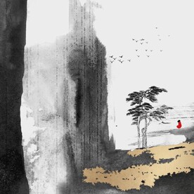 新中式金色水墨禅僧风景装饰画