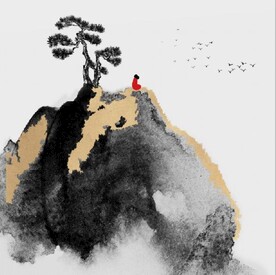 新中式金色水墨禅僧风景装饰画