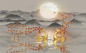 新中式金色麋鹿山水电视背景墙