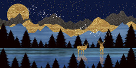 晶瓷画 树林风 夜景 麋鹿