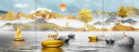 麋鹿金山发财树三联画
