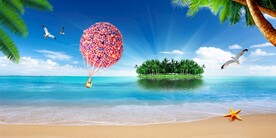 蓝天白云海岛热气球