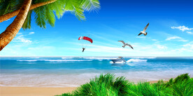 简约时尚蓝天白云大海椰树背景墙