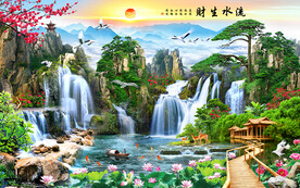 流水生财迎客松山水装饰画背景墙