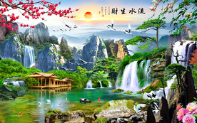 流水生财高山流水风景背景墙
