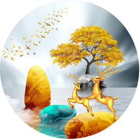 晶瓷画 麋鹿 石头