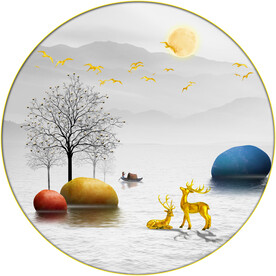 晶瓷画 石头 麋鹿