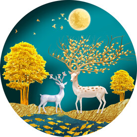 圆形游鱼发财树麋鹿装饰画