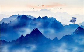 新中式蓝色水墨山水风景背景墙