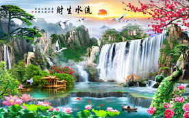 流水生财瀑布山水风景装饰画