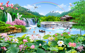 荷花流水生财风景背景墙装饰画