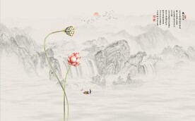 新中式水墨荷花山水国画背景墙
