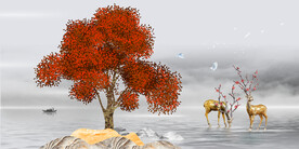 轻奢装饰画 麋鹿 红色树
