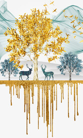 轻奢装饰画 新中式山水麋鹿