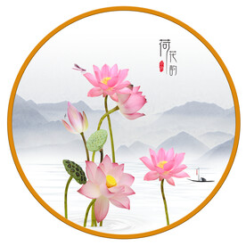 圆形画荷花