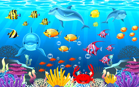 卡通海底世界儿童房背景墙