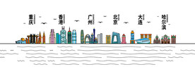 城市地标建筑线条矢量图