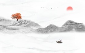 日出装饰画 新中式山水画 小船