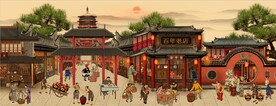 古代市井集市饭馆背景墙壁画