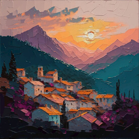 油画 日落山村