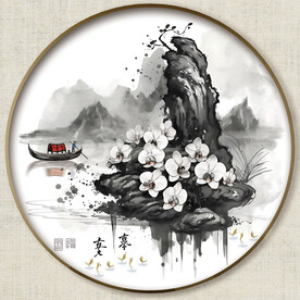 圆形水墨山水画