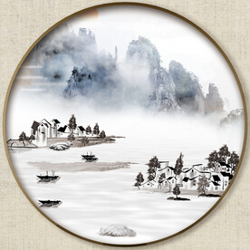 圆形水墨山水画