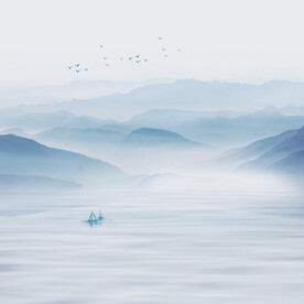 别墅新中式客厅山水画背景墙