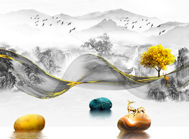 新中式灰调山水花鸟背景装饰画