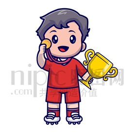 可卡通获得荣誉奖杯奖牌的小男孩