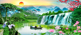 迎客松瀑布山水装饰画