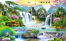 流水生财瀑布风景背景墙装饰画