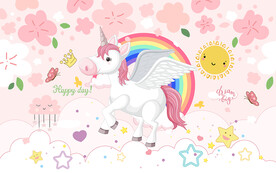 卡通彩虹独角兽花朵儿童房背景墙