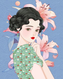 手绘美女与花插画