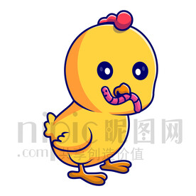 可爱卡通吃虫子的小鸡