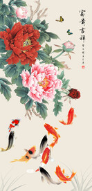 牡丹九鱼图中式玄关装饰画