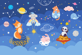 手绘星空晚安可爱动物星球背景墙