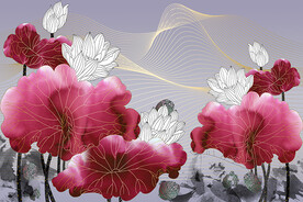 新中式线描水墨荷花背景装饰画